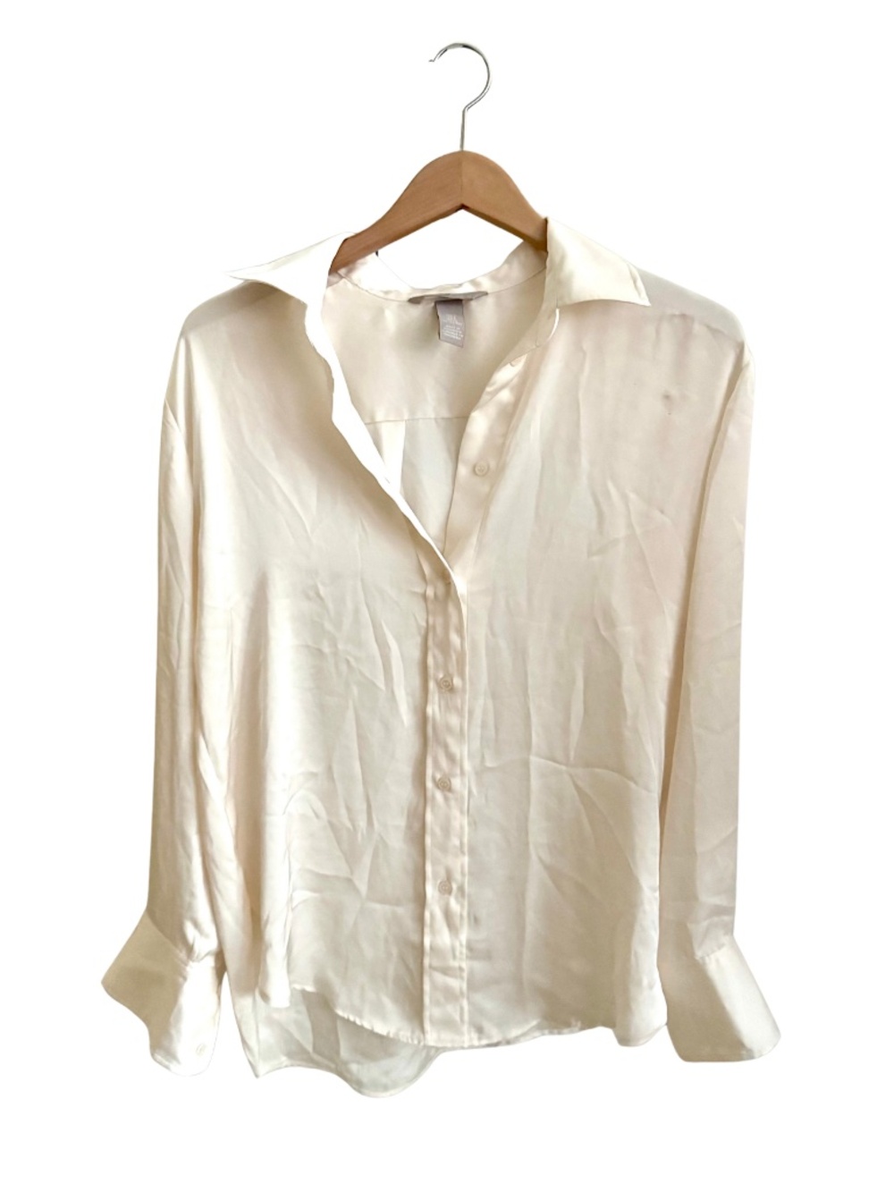 H&M Ivory Satin Button Down Long Sleeve Blouse Shirt Size Small
